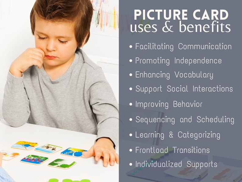 May include: A young child is using picture cards to learn. The cards feature colorful images and are a great tool for teaching communication, independence, vocabulary, social interactions, behavior, sequencing, scheduling, learning, categorizing, transitions, and individualized supports.