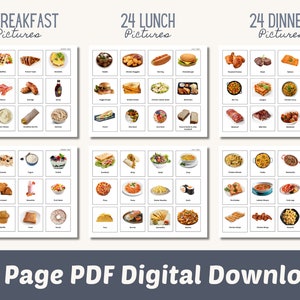 May include: A set of 24 printable food images, divided into three categories: breakfast, lunch, and dinner. Each category has 8 images of different food items. The images are in a grid format, with each image in a white square frame. The text "24 Page PDF Digital Download" is at the bottom of the image.