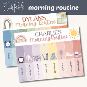 Rotafolio de rutina matutina para niños, rotafolio digital editable estilo bohemio, horario visual personalizado, apoyo para necesidades especiales, plantilla Montessori
