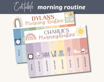 Kids morning routine flip chart, Boho editable digital flipchart, personalized visual schedule, special needs support, montessori template