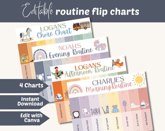 Kids boho routine flip chart, editable morning flipchart, personalized visual schedule, toddler chore chart, montessori bedtime template