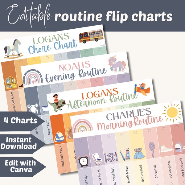 Kids boho routine flip chart, editable morning flipchart, personalized visual schedule, toddler chore chart, montessori bedtime template