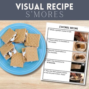 以下が含まれることがあります： スモアを作るためのビジュアルレシピ。レシピには、各ステップを示す画像付きの5つのステップが含まれています。ステップは以下のとおりです。1. グラハムクラッカーを半分に割る。2. クラッカーにチョコレートを置く。3. チョコレートにマシュマロを置く。4. 電子レンジで10秒間加熱する。5. もう一方のグラハムクラッカーを上に置き、押し下げる。お楽しみください！