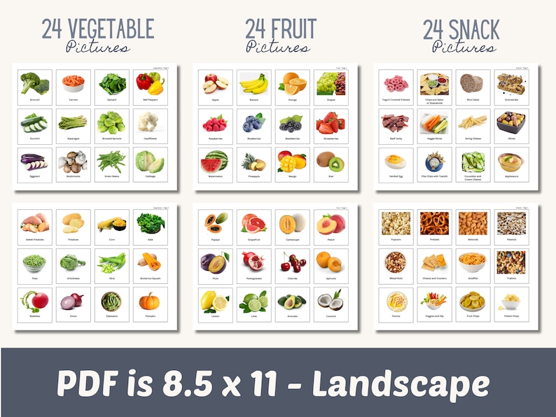 May include: A set of 72 printable food flashcards, divided into three categories: 24 vegetables, 24 fruits, and 24 snacks. Each card features a color photograph of a different food item, with the name of the food printed below the image. The cards are designed to be printed on 8.5 x 11 inch paper in landscape orientation.