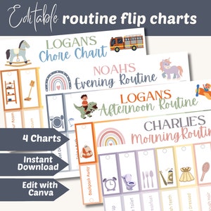 Kinder bearbeitbares Flip-Routine-Diagramm, druckbares digitales Flipchart, morgendlicher visueller Stundenplan, Kleinkind-Aufgabe, Montessori-Guten-Nacht-Vorlage pdf