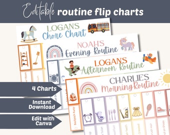 Kids editable flip routine chart, printable digital flipchart, morning visual schedule, toddler chore chart, montessori bedtime template pdf