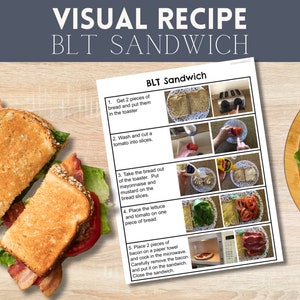 Recept met realistische afbeeldingen, visuele kookactiviteit, adaptieve levensvaardigheden, afdrukbaar inclusief kookboek, eenvoudige gids voor speciaal onderwijs, ASS