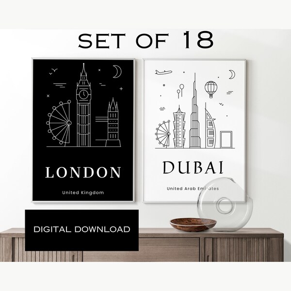 Urban Chic Decor: Instant Download Set of 18 City Printables in Black and White Travel prints, Skyline Decoration, London, Paris, Rome,