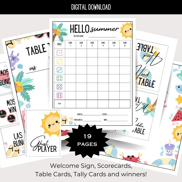 Summer BUNCO Printable Bundle - Score Cards - Tally Sheets - Table Cards - Prize Cards - Game night printable - Hello Summer - Party Idea