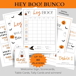 May include: Printable Halloween Bunco game set with a black and white ghost, orange and black pumpkins, and bats. The set includes a welcome sign, scorecards, table cards, tally cards, and winners cards. The text on the welcome sign says "Hey Boo! Bunco".