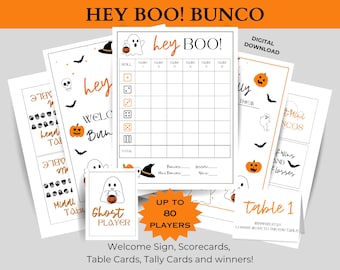 Halloween BUNCO Printable Bundle - Score Cards - Tally  Table Cards - Prize Cards - Game night printable - Hey boo! - Ghost Theme Summerween