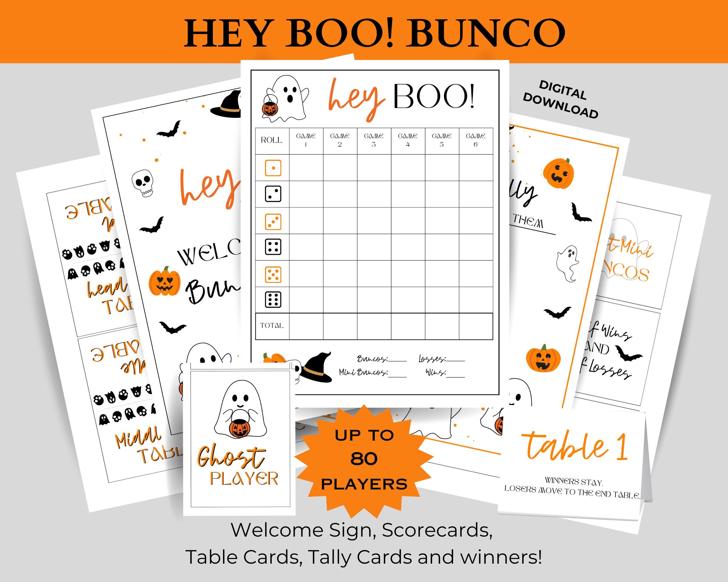 Halloween BUNCO Printable Bundle - Score Cards - Tally  Table Cards - Prize Cards - Game night printable - Hey boo! - Ghost Theme Summerween