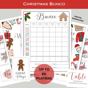 Kerstbundel afdrukbare BUNCO - scorekaarten - notitieblaadjes - tafelkaarten - geschenken - afdrukbare spelavond - decemberwinterviering