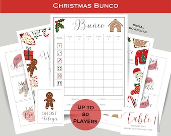 May include: Printable Christmas Bunco game set featuring a red and green colour scheme. The set includes a scorecard, game cards, and a table card. The scorecard has a gingerbread house illustration and the text "Bunco". The game cards have various Christmas-themed illustrations, such as candy canes, gingerbread men, and stockings. The table card has the text "Table 1" and instructions for winners and losers. The set is designed for up to 80 players.