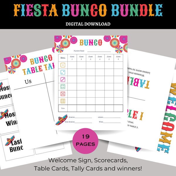 Fiesta BUNCO Printable Bundle - Score Cards - Tally Sheets - Table Cards - Prize Cards - Game night printable - Taco Night -CInco De Mayo -