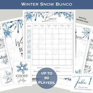 May include: Printable Winter Snow Bunco game with a blue and white snowflake design. The game includes a scorecard, game pieces, and instructions. Up to 80 players can play.  Digital download.