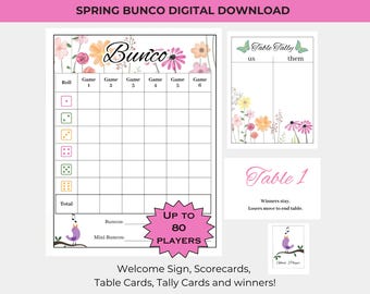 Spring BUNCO Printable Bundle - Score Cards - Tally Sheets - Table Cards - Prize Cards - Game night printable - Flower - Garden Party
