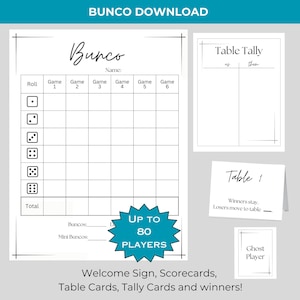Lot imprimable simple BUNCO - Cartes de score - Cartes de pointage et de table - Cartes de prix - Soirée de match imprimable - Minimaliste - Grand groupe -