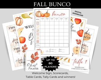 Fall BUNCO Printable Bundle - Score Cards - Tally Sheets - Table Cards - Prizes - Game night printable - Autumn Pumpkin Harvest Celebration
