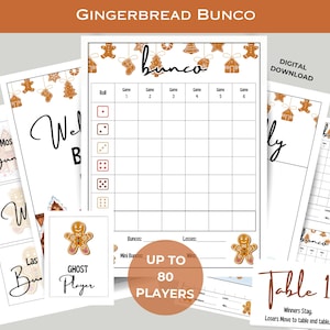 Gingerbread Man BUNCO afdrukbare bundel - scorekaarten - tel- en tafelkaarten - prijskaarten - afdrukbare game-avond - december
