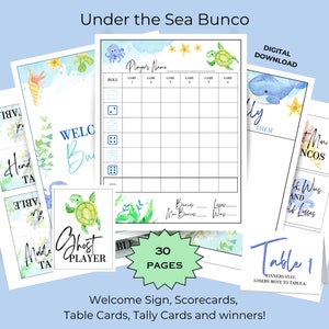 Pacote para impressão BUNCO sob o mar - Cartões de pontuação - Cartões de contagem e tabela - Cartões de prêmio - Noite de jogos para impressão - Festa no oceano - Sereia