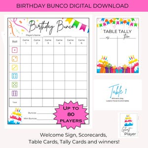 Pacote para impressão de aniversário BUNCO - Cartões de pontuação - Folhas de contagem - Cartões de mesa - Cartões de prêmio - Noite de jogos para impressão - Noite de jogos para meninas - Família