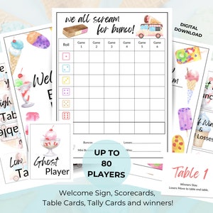 Ice Cream BUNCO Printable Bundle - Punktekarten - Strichlisten - Tischkarten - Preiskarten - Spielabend zum ausdrucken - Eis sozial - Party