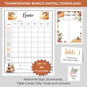 Lot imprimable BUNCO pour Thanksgiving - cartes de pointage - feuilles de pointage - cartes de table - prix - fête des amis - célébration de la récolte de citrouilles d'automne