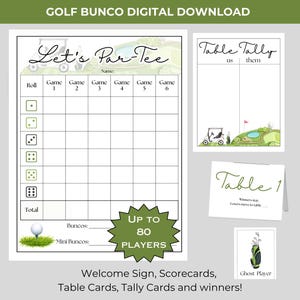 Pacote para impressão Golf BUNCO - Cartões de pontuação - Cartões de contagem e mesa - Cartões de prêmios - Noite de jogo para impressão - Vamos fazer par-tee - verão