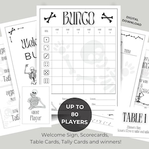 May include: Black and white printable Halloween bingo game set with a skull and crossbones theme. The set includes a welcome sign, scorecards, table cards, tally cards, and winner cards. The game is designed for up to 80 players.