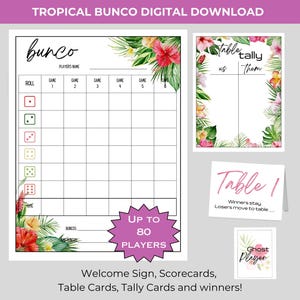 Pacote para impressão Tropical BUNCO - Cartões de pontuação - Folhas de contagem - Cartões de mesa - Cartões de prêmio - Noite de jogos para impressão - Island Vibes - Ideia para festa