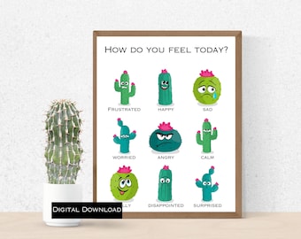 Cactus Feelings Poster, How Do You Feel Today?  Digital Prints Wall Art, Digital Prints, Emotions Art Prints, Mood Poster, School Posters