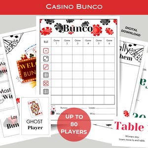 Kasino Nacht BUNCO Printable Bundle - Scorekarten - Strich- und Tischkarten - Preiskarten - Spielnacht zum Ausdrucken - Las Vegas - Pokerwürfel
