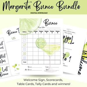 Paquete imprimible Margarita BUNCO: tarjetas de puntuación, tarjetas de conteo y de mesa, tarjetas de premios, imprimibles para la noche de juegos, noche de tacos, cinco de mayo
