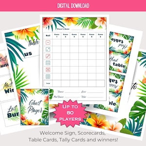 Paquete imprimible de flores tropicales BUNCO: tarjetas de puntuación, hojas de recuento, tarjetas de mesa, premios, imprimibles para la noche de juegos, ambiente isleño, Hawái