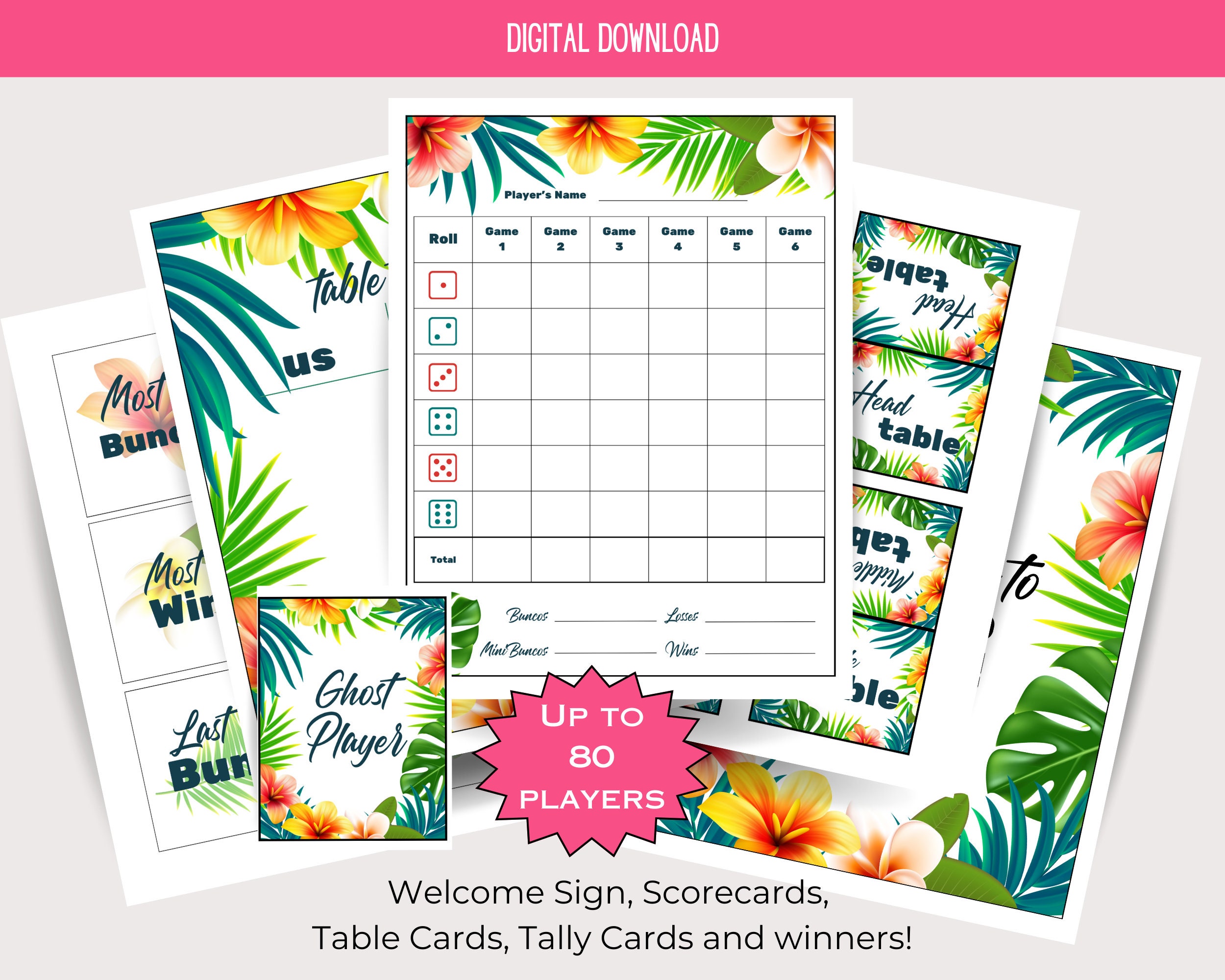 Tropical Flower BUNCO Printable Bundle - Score Cards - Tally Sheets - Table Cards - Prizes - Game night printable - Island Vibes - Hawaii