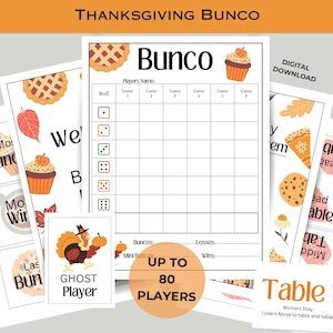 Friendsgiving BUNCO afdrukbare bundel - scorekaarten - notitieblaadjes - tafelkaarten - geschenken - Thanksgiving - herfstfeest pompoenoogst