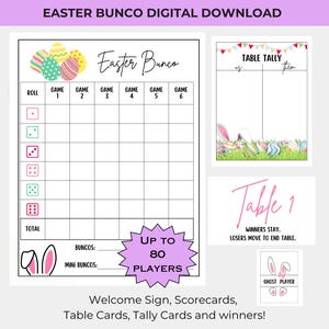 May include: Printable Easter Bunco game set with scorecards, table cards, tally cards, and a welcome sign. The game is designed for up to 80 players. The design features an Easter egg theme with pastel colors.