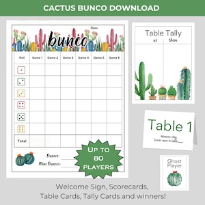 Lot imprimable cactus BUNCO - cartes de pointage - feuilles de pointage - cartes de table - cartes prix - imprimable soirée match - fête du sud-ouest - cactus