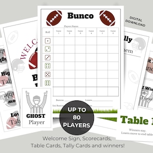 Afdrukbare voetbalbundel BUNCO - scorekaarten - rekenbladen - tafelkaarten - geschenken - afdrukbare wedstrijdavond - Amerikaans voetbal - feestidee
