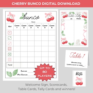Paquete imprimible Cherry BUNCO: tarjetas de puntuación, tarjetas de conteo y de mesa, tarjetas de premios, imprimible para la noche de juegos, verano, primavera, bodas y frutas.