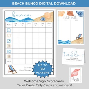 Pacote para impressão Beach BUNCO - Cartões de pontuação - Cartões de contagem e mesa - Cartões de prêmio - Noite de jogos para impressão - Verão - Concha - Oceano -
