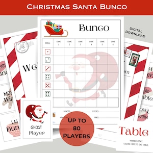 Paquete imprimible de BUNCO de Papá Noel navideño: tarjetas de puntuación, hojas de recuento, tarjetas de mesa, premios, imprimibles para la noche de juegos, celebración de diciembre