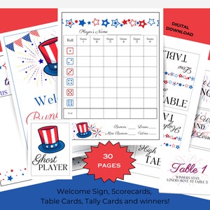 Vaterländisches BUNCO druckbares Bündel - Punktekarten - Preiskarten - Preiskarten - Spielabende - 4.Juli - USA Party