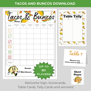 Paquete imprimible Taco Fiesta BUNCO - Tarjetas de puntuación - Hojas de conteo - Tarjetas de mesa y premios - Imprimible para la noche de juegos - Noche de tacos - Cinco de Mayo -