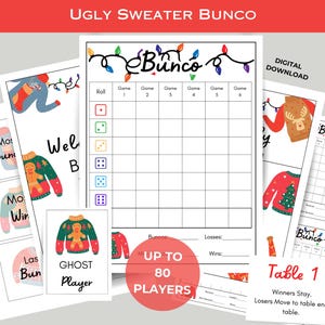 Lelijke trui BUNCO afdrukbare bundel - scorekaarten - notitievellen - tafelkaarten - geschenken - afdrukbare speelavond - kerst december