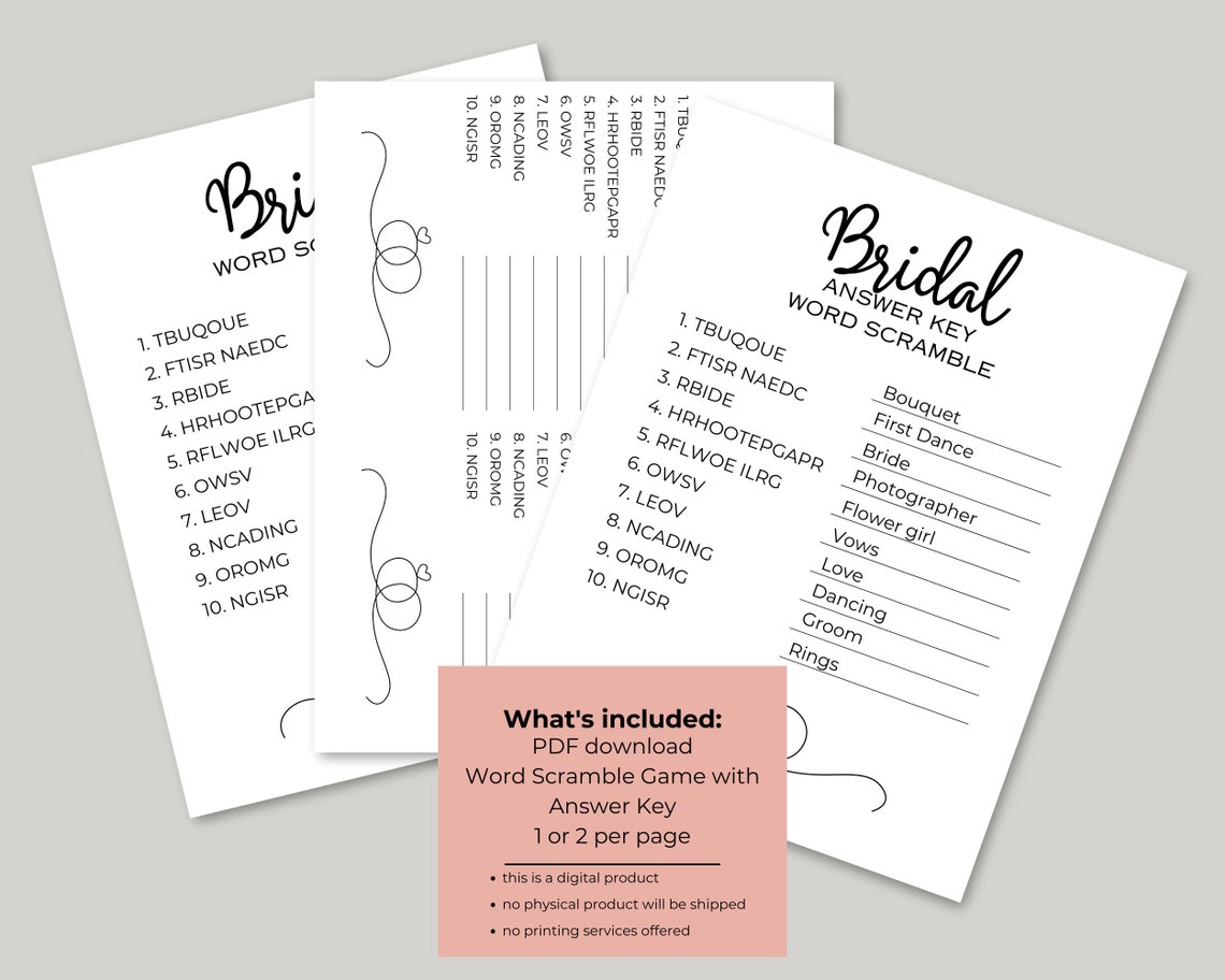 Bridal Shower Word Scramble Printable Instant Download Wedding Shower ...