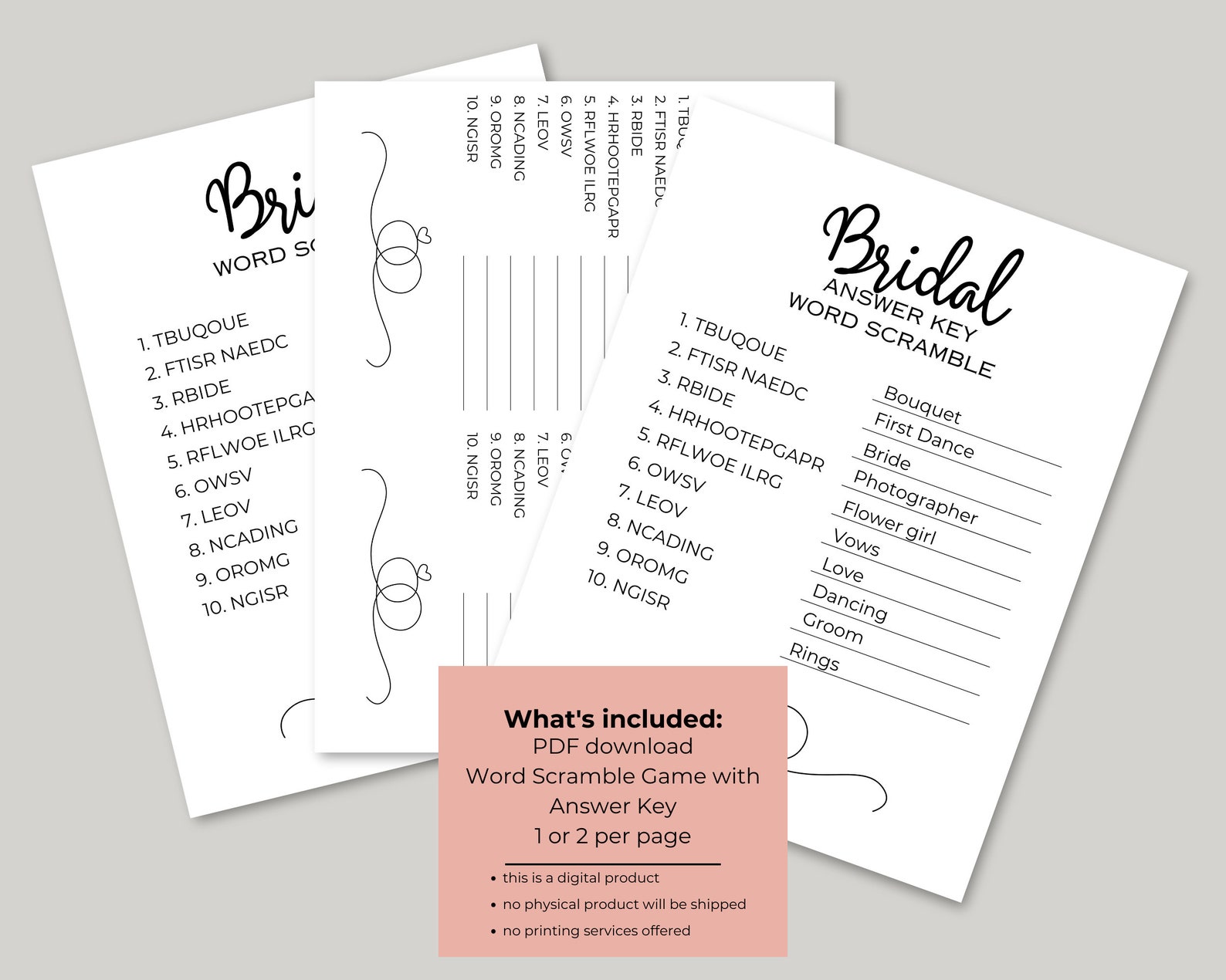 Bridal Shower Word Scramble Printable Instant Download Wedding Shower ...