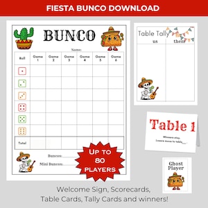 Fiesta BUNCO Printable Bundle - Score Cards - Tally Sheets - Table Cards - Prize Cards - Game night printable - Taco Night -CInco De Mayo -