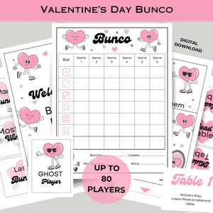 Pacote para impressão BUNCO do Dia dos Namorados - Cartões de pontuação - Cartões de contagem e mesa - Cartões de prêmios - Noite de jogos para impressão - Coração - Galentine's